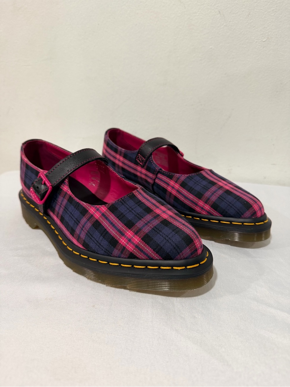 Dr. Martens Elphie Tartan Mary Jane Shoes in Black/Pink Multi - Size US 8